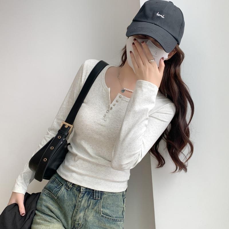 Retro Slim-fitting U-neck Front Shoulder Snap-button Semi-open Neck Long-sleeved T-shirt Women's Top Autumn Solid Color Thin Bottoming Shirt
