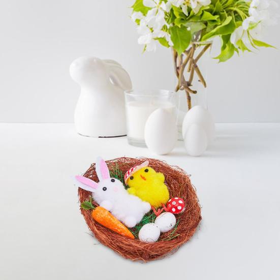 Easter Fur Chicks Mini Plush Simulation Chick Bunny Ornament with Nest Furry Animals Toy Easter Egg Filler for Kids DIY Home Garden Decoration