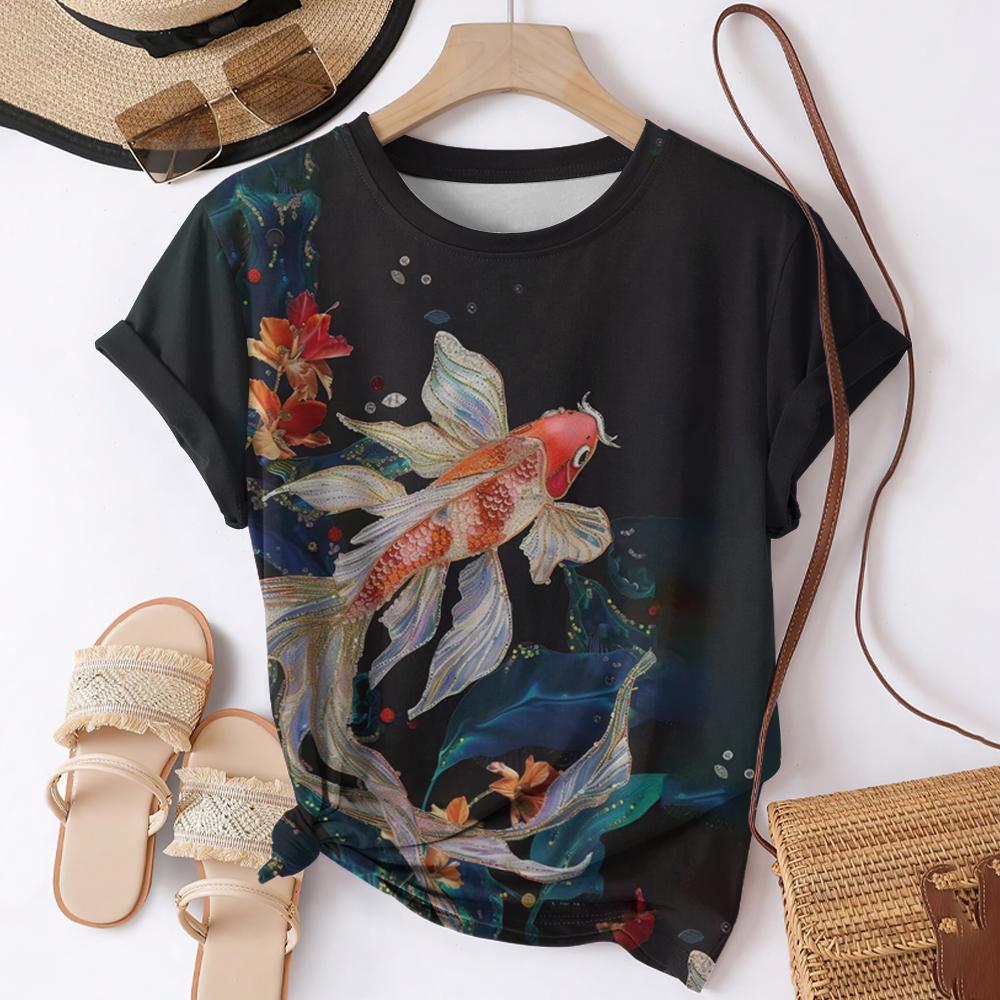 Футболки с 3D-принтом «Рыба кои» для женщин, уличная одежда, повседневная мода, Harajuku Y2k, футболка с коротким рукавом, футболки с круглым вырезом, топы, одежда