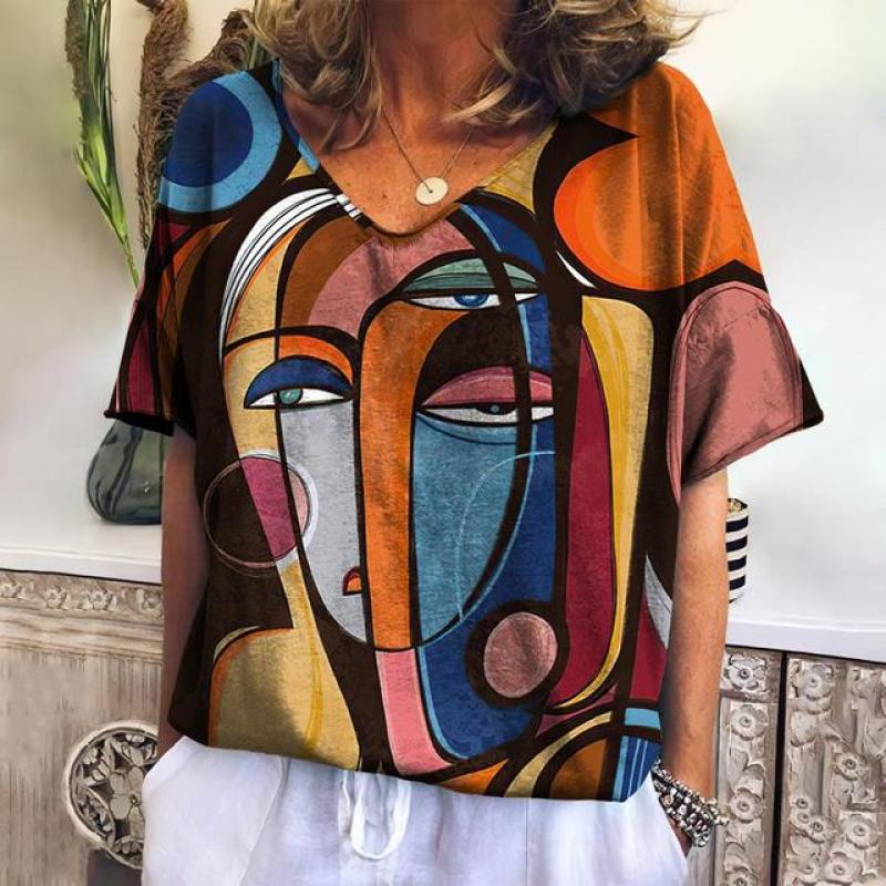 2023 Summer Facial Art Iridescent 3d Abstract Painting Women's V-neck T-shirt Loose Casual Street Multi-color Top For Girls