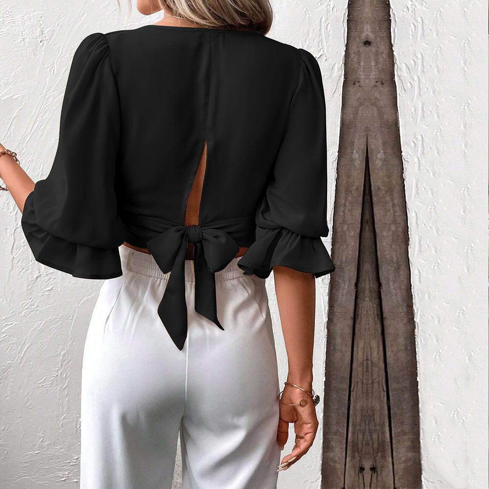 JKAASHDK Женские модные повседневные однотонные блузки и рубашки с v-образным вырезом, весна-лето с рукавами 1/2 и v-образным вырезом