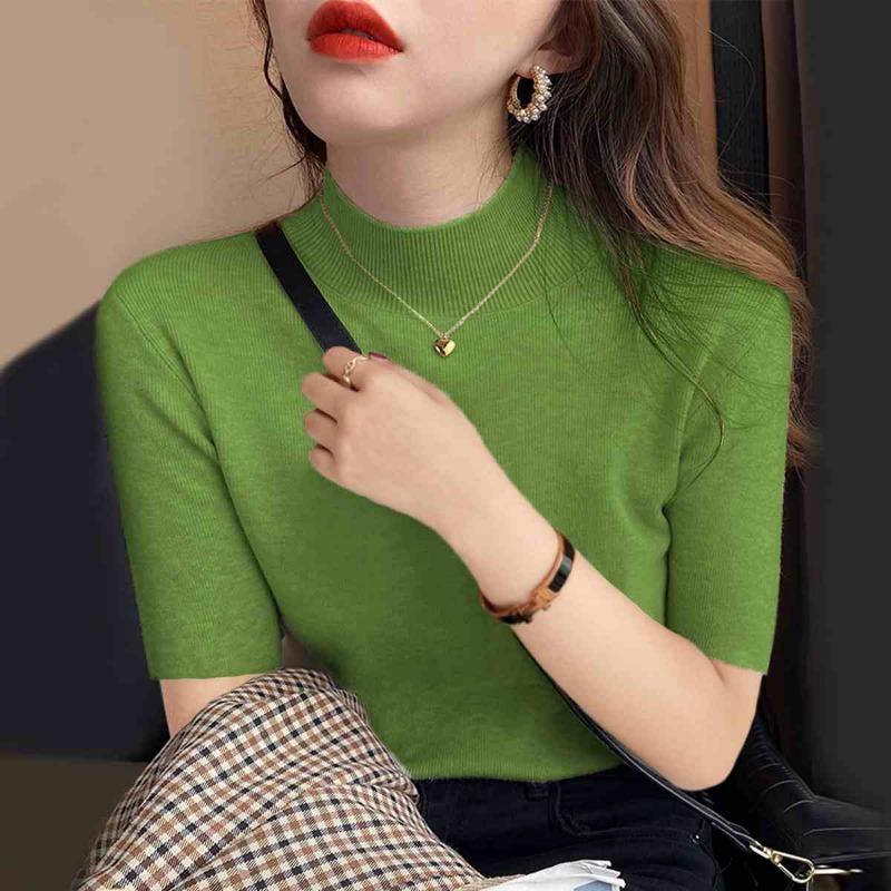 Модные повседневные женские рубашки с высоким воротом, летние узкие блузки с коротким рукавом, женские элегантные однотонные простые свободные рубашки, женская одежда 26229