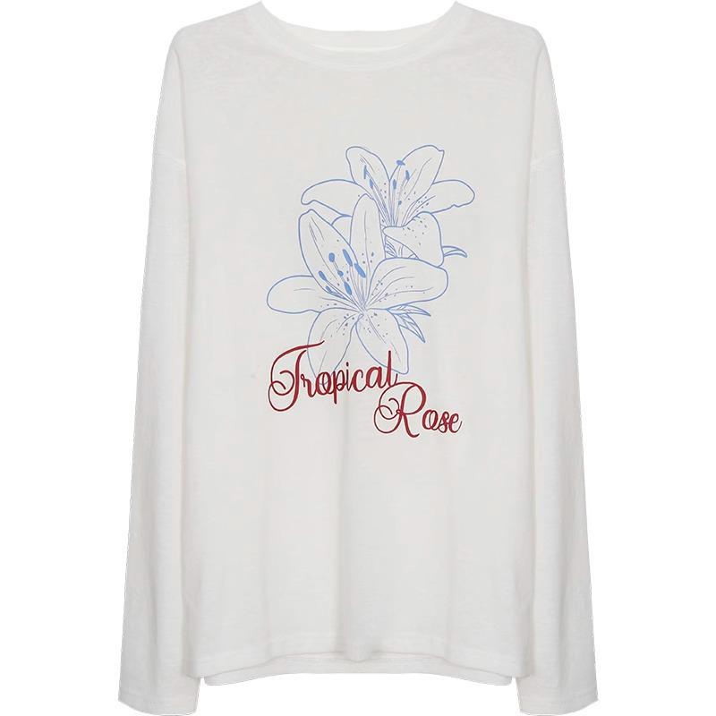 Женская повседневная футболка с длинным рукавом и круглым вырезом с принтом - Приталенная, Защита от солнца, Свободный крой, Белая летняя накидка.