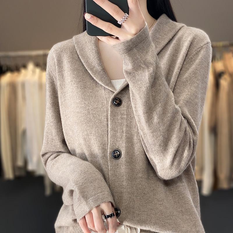 2023 Autumn/Winter Women's Round Neck Cashmere Cardigan - Stand Collar, Loose Fit, Solid Color, Trendy Knit Sweater