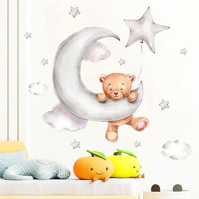 Мультяшный Медведь Наклейка На Стену Луна Облака Звезды Животные Наклейка Детские Комнаты Мальчики Девочки Домашний Декор Спальни Обои Для Детской Комнаты Декор