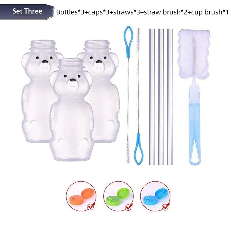 Cute Bear Shaped Bottle Plastic Drink Container Cartoon Honey Bear Straw Cup with Flexible Straws for Milk Juice Honey Storage