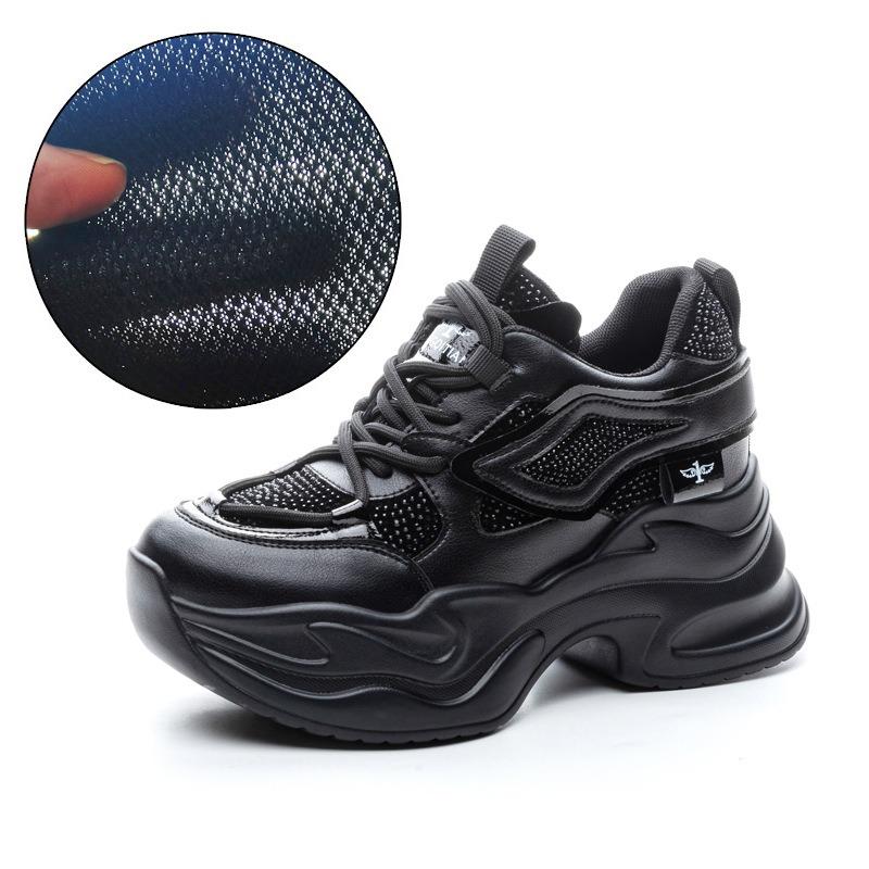 Весенне-летняя женская обувь новая с внутренним увеличением высоты женская на толстой подошве толстоподошвенная маленькая повседневная сетчатая обувь со стразами