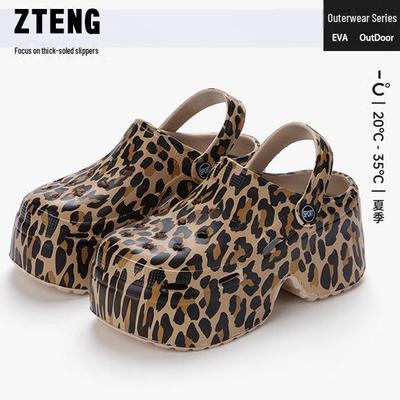 Женские летние сандалии с леопардовым принтом на толстой подошве, пляжная и садовая обувь 2024 года, европейский и американский стиль.
