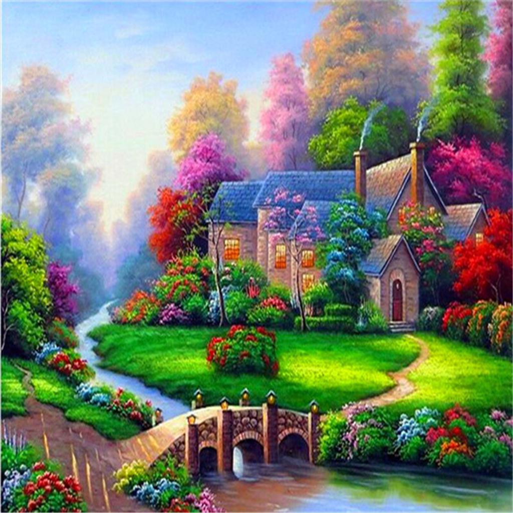 Embroidery Huacan Handmade Diamond Landscape Diamond Painting Village Needlework Mosaic Cross Stitch