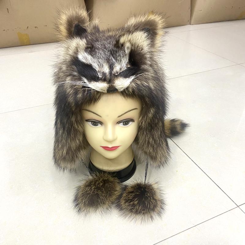 Новая зимняя меховая шапка для женщин из натурального меха енота, стильная теплая шапка-бомбер с ушами для мальчиков и девочек, пушистая ветрозащитная уличная шапка-ушанка