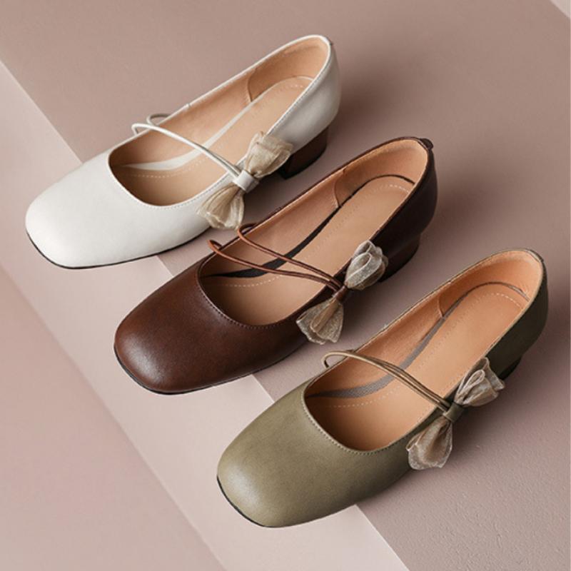 2024 Spring and Summer Retro Style Bow Tie Mary Janes Women's Shoes Round Toe Thick Heel Temperament Versatile Shallow Mouth