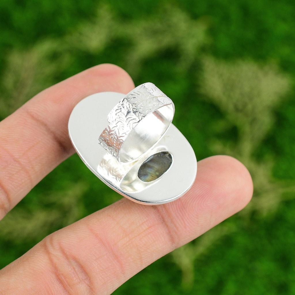 Natural Labradorite Gemstone Promise Green Adjustable Ring 925 Sterling Silver