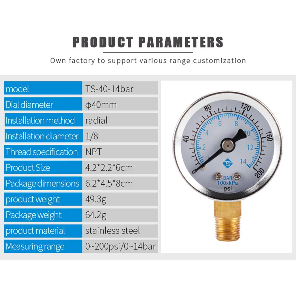 TS-40-14bar Water Oil Pressure Gauge 0-200 PSI Test Range Pressure Gauge Dual Scale Gas Pressure Gauge with 1/8'' NPT Bottom Mount