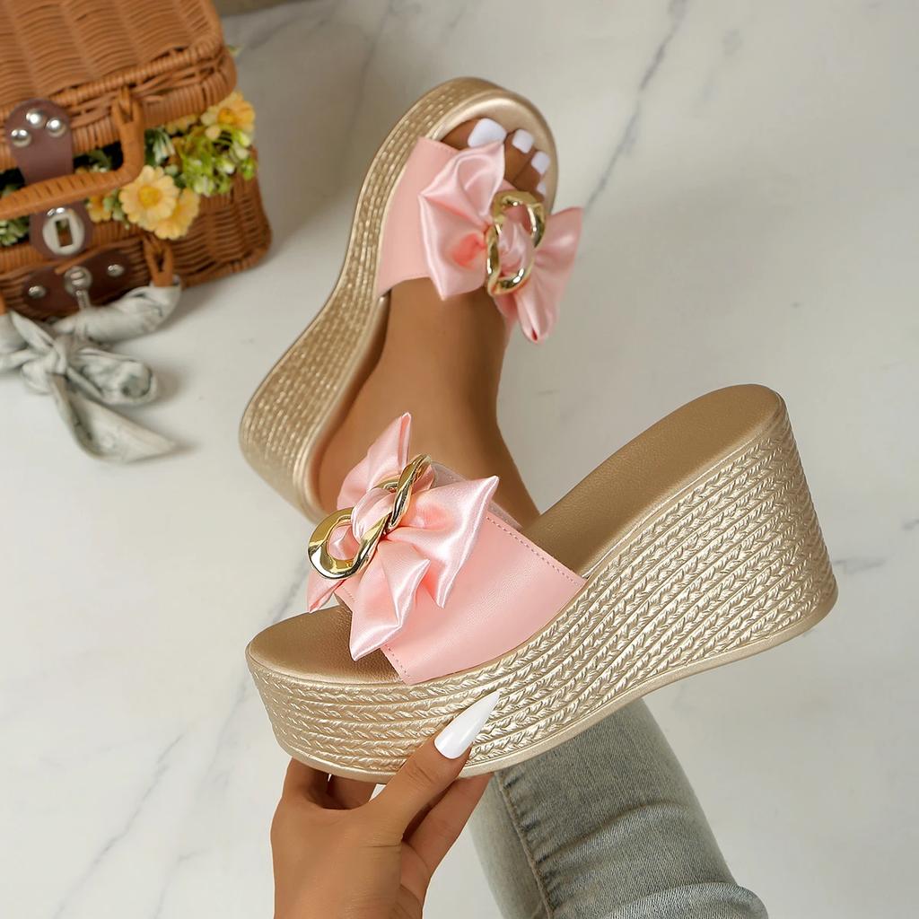 Fashion High Heels Women Slippers Bow Slippers New Wedges Platform Sandals Summer Women Comfortable Casual Dress Shoes Slides Women
