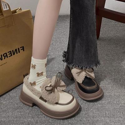 Женские бархатные туфли Мэри Джейн на зиму – Толстая подошва, увеличивающие рост, с ретро-бантом