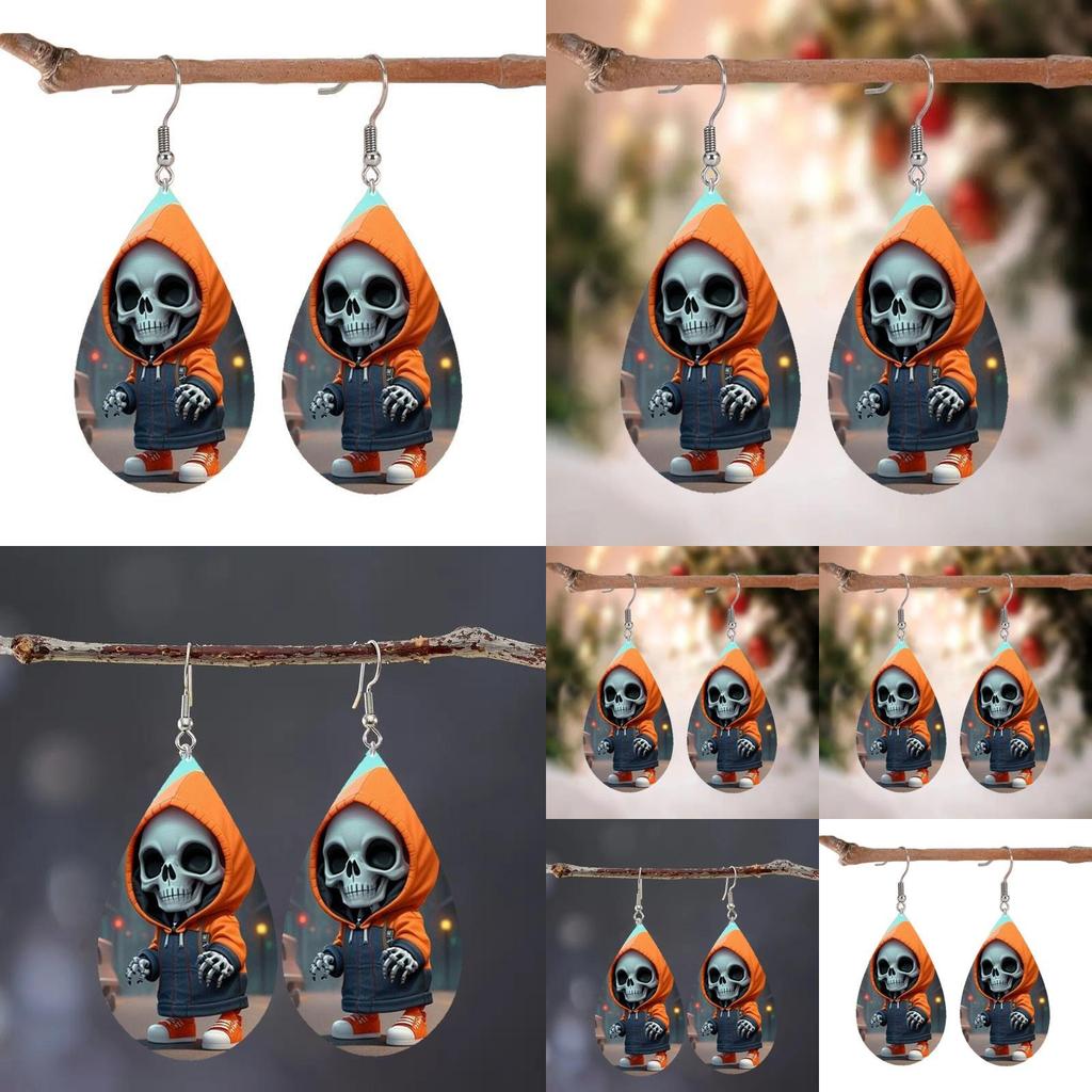 Hooded Themed Halloween Jacket Skull Pattern Droplet Shaped Earrings Acrylic