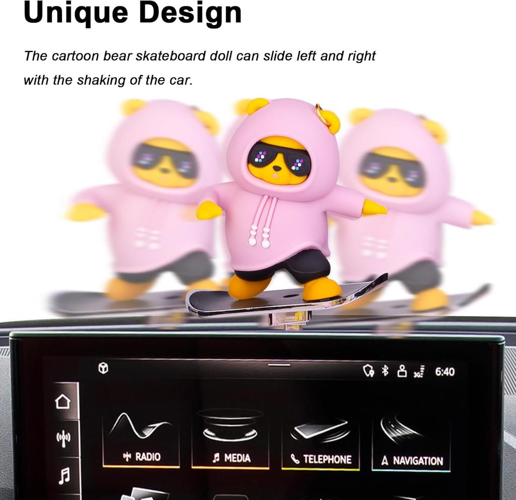 Skateboarding Bear Car Dashboard Ornament 6cm X 6cm - Funny Sliding Decoration for Car Interior, Rose Pink Silicone Skater Bear Figurine