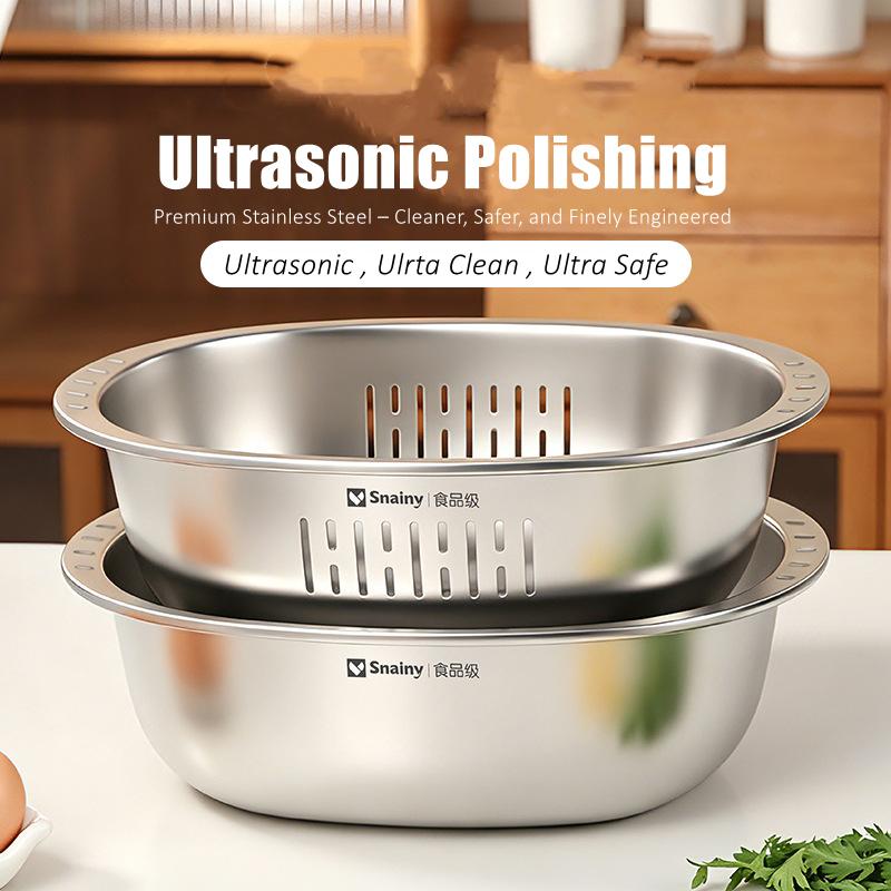 Food-grade Stainless Steel Basin and Colander Set Washing and Draining 2 in 1 Kitchen Accessories Ultrasonic Polishing Gadgets6
