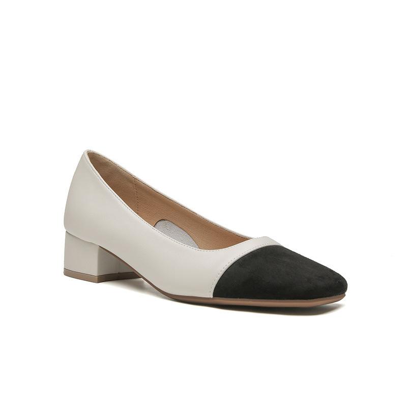 Модные кожаные туфли-лодочки на толстом каблуке, женские, лето 2025, новая коллекция, средний каблук, с открытым вырезом, на мягкой подошве, черные, на высоком каблуке