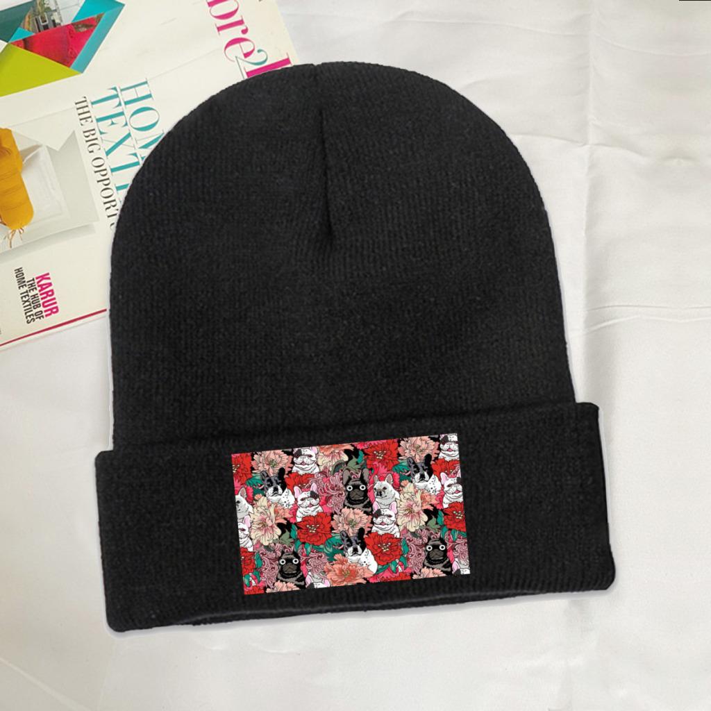 Flowers French Bulldog Knit Hat Beanie Winter Hats Warm Acrylic Street Caps Unisex Women