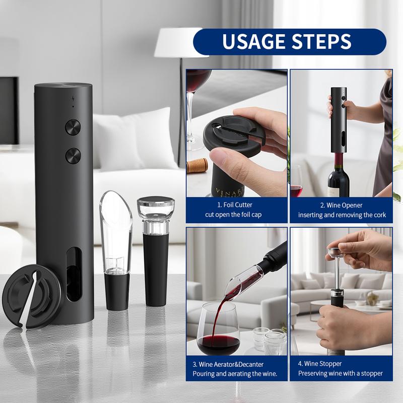 4-in-1 Electric Bottle Wine Opener Set USB Rechargeable Electric Automatic Corkscrew Wine Opener Set Wine Stopper, Wine Pourer