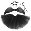 4Pcs Girls Halloween Cosplay Costume Dress Up Dress Black Mesh Skirt with Headband Bat Wing Wand