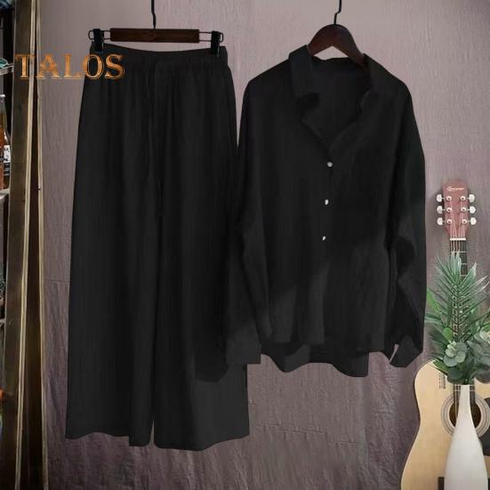 2 Pcs/Set Fall Spring Women Shirt Pants Set Long Sleeves Lapel Button-down Blouse with Chest Pocket Elastic Waist Trousers OL Commuting Sport