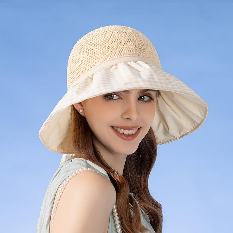 Летняя дышащая панама женская клетчатая хлопковая сетчатая шляпа от солнца с принтом легкая элегантная женская пляжная шляпа с большими полями на шнуровке и бантом