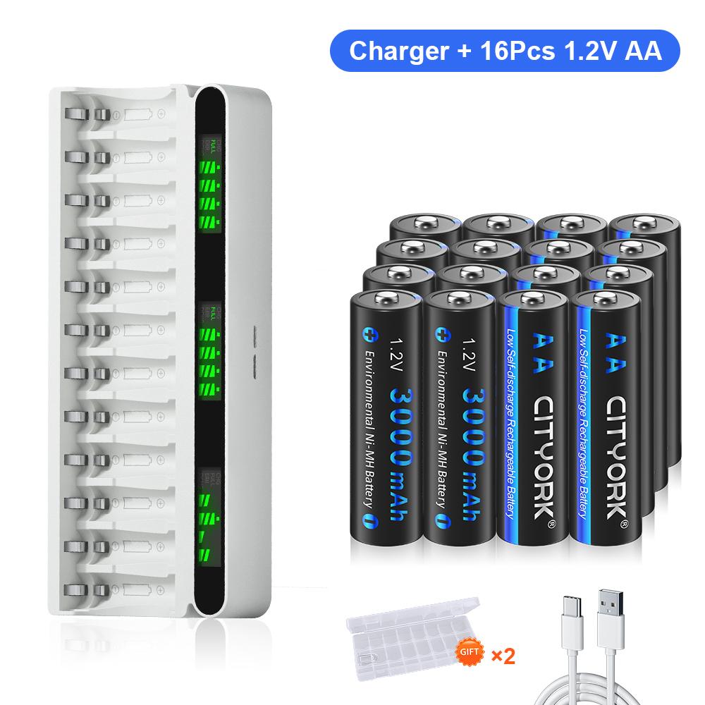Charger and Battery Combo Kit 12 Slot Smart LCD USB/Type-C Hybrid 1.2V Battery Charger + 1.2V AA/AAA NiMH Rechargeable Battery