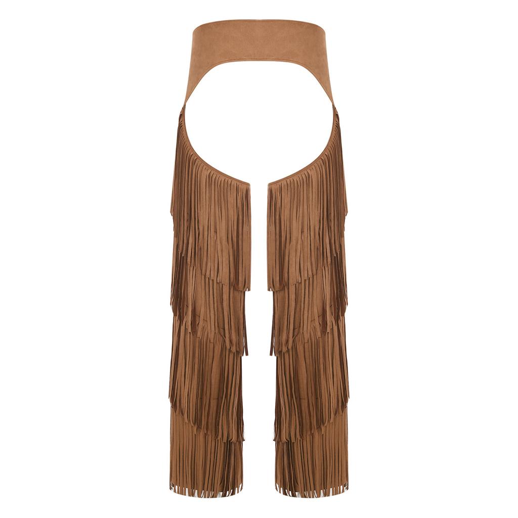 Женские Вестерн Ковбойские Штаны с Открытой Промежностью Многослойные С бахромой Без Задника Регулируемые Пряжки Вестерн Мотоциклетные Штаны для Рейвов Тематических Вечеринок Рождества