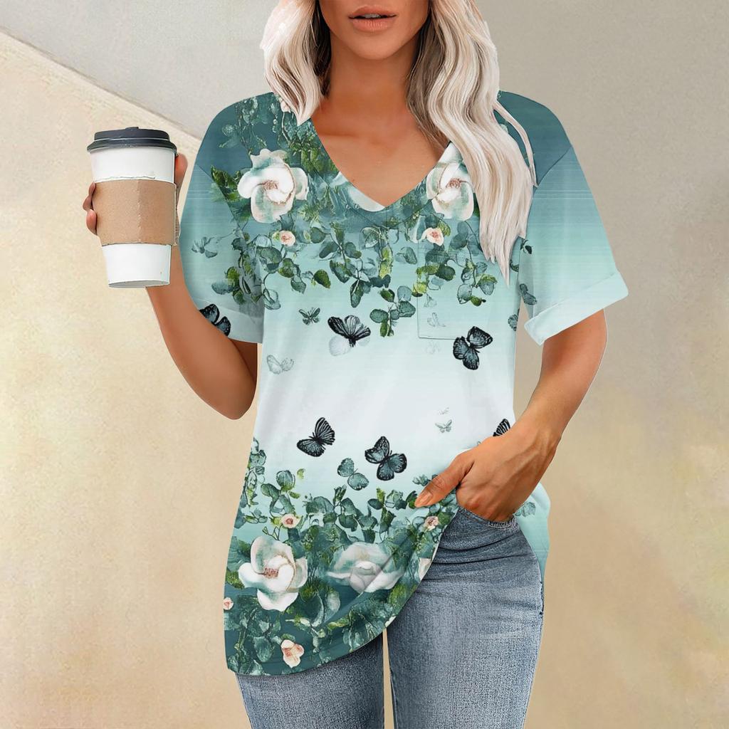 Women's Fashion Pocket V-neck Short Sleeve Plant Floral Print T-shirt Top