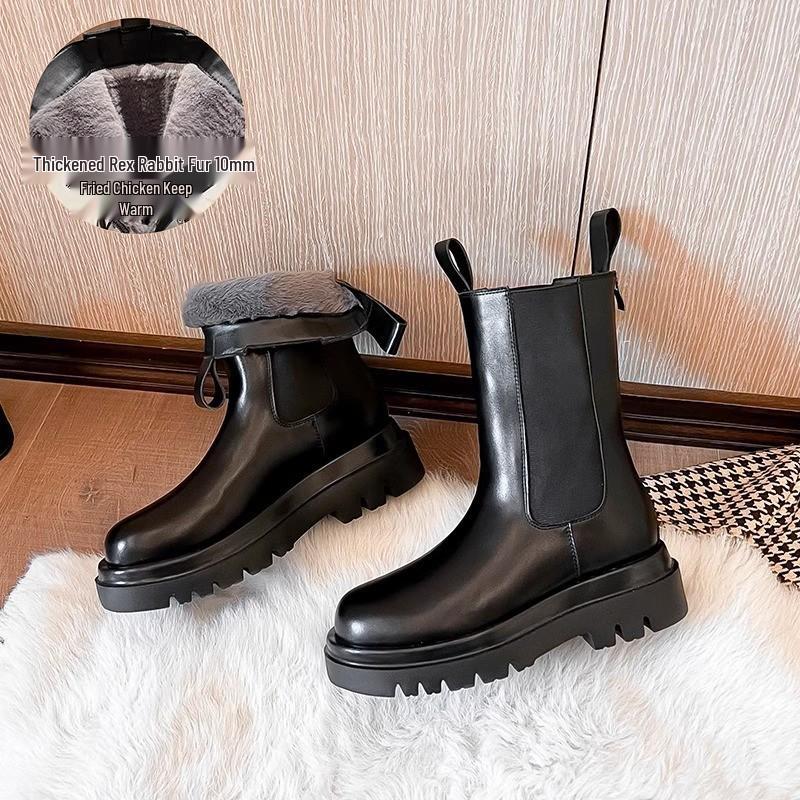 Mona Height-Boosting Women's Mid-Calf Chelsea Boots - British Style, Thick-Soled, Plus Velvet