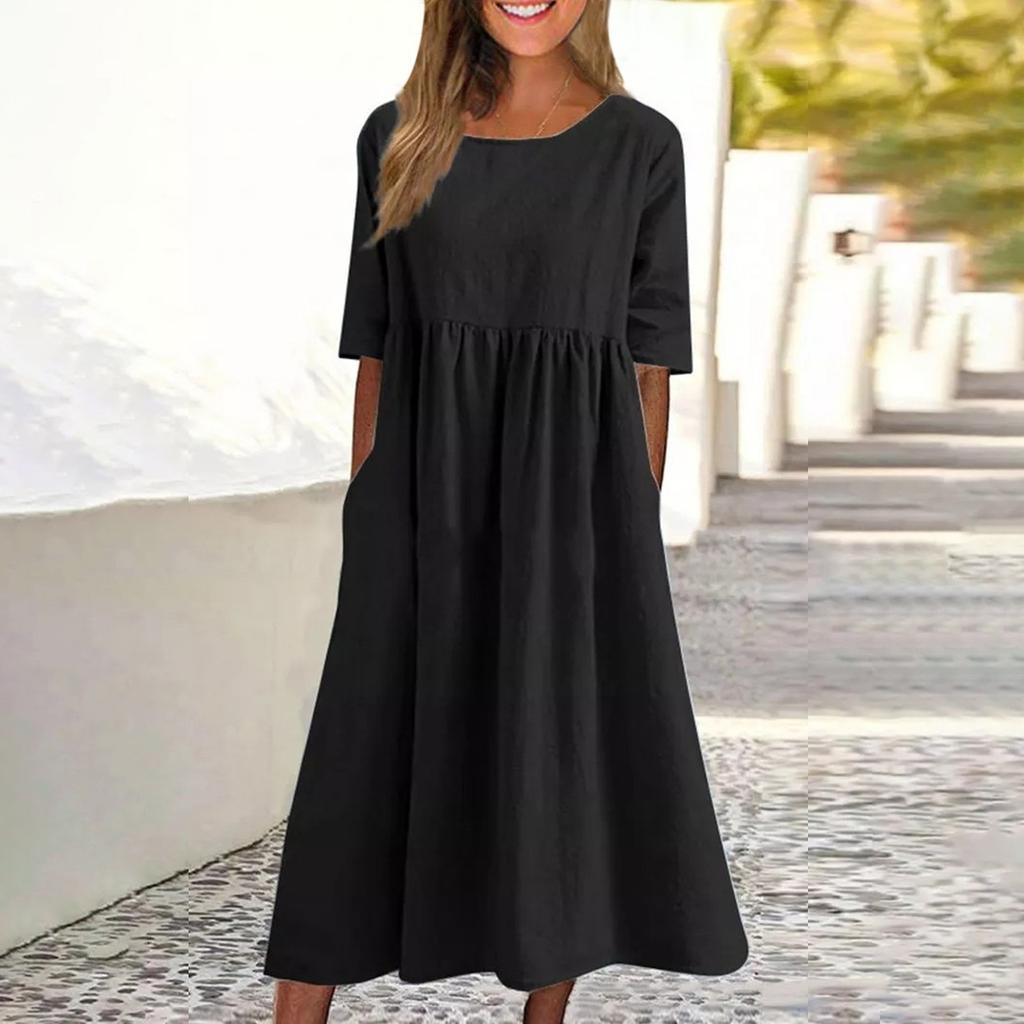 Women's Summer Solid Color Round Neck Half Sleeve Casual Long Solid Color Dress