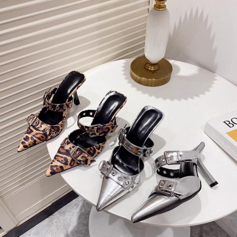 Леопардовые женские туфли-мюли, сексуальные туфли с острым носком, весна 2024, высокие каблуки, платье, шлепанцы, платье, босоножки с открытой пяткой, туфли-лодочки, шлепанцы
