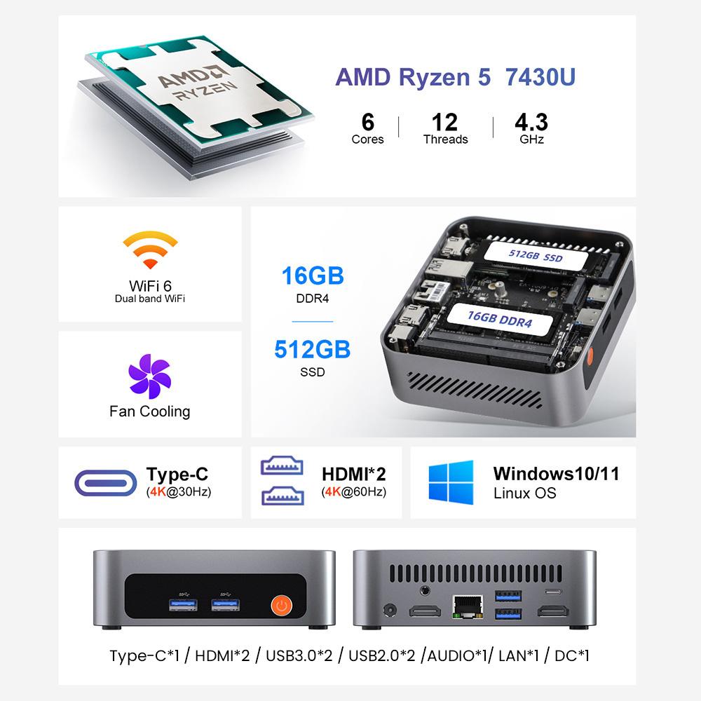 Ninkear Мини-ПК M7, AMD Ryzen 5 7430U 6 ядер Макс. 4,3 ГГц, 16 ГБ ОЗУ 512 ГБ SSD, 2*HDMI + Type-C 4K Поддержка трех мониторов