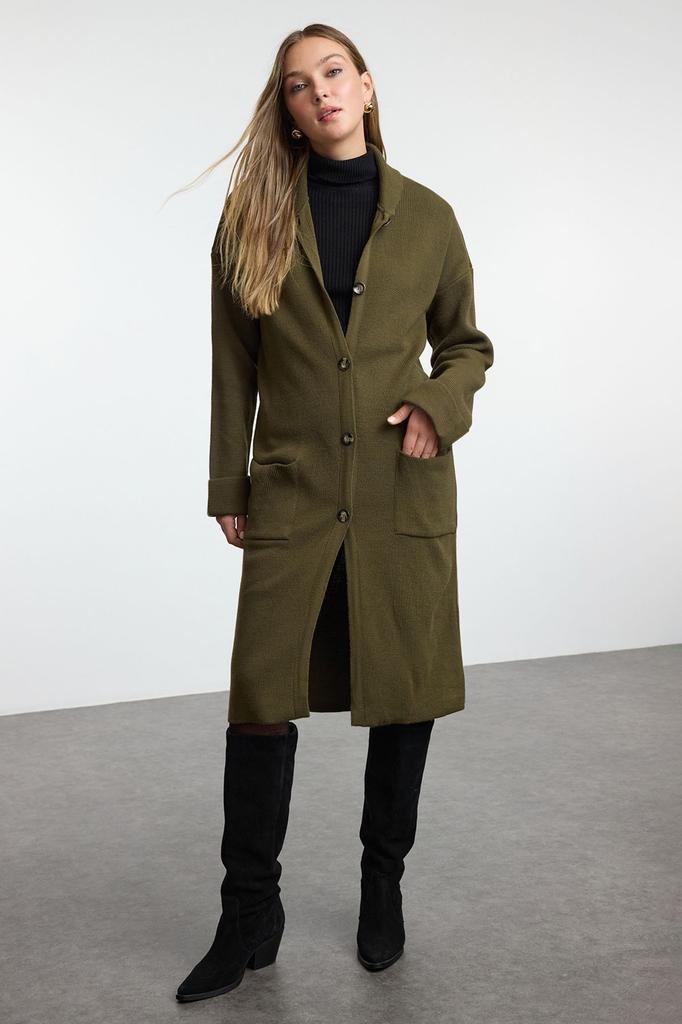 Women's Fashionable Stylish Cardigan Khaki Wide Fit Maxi Length Coat Look Wide Fit Knitwear Cardigan