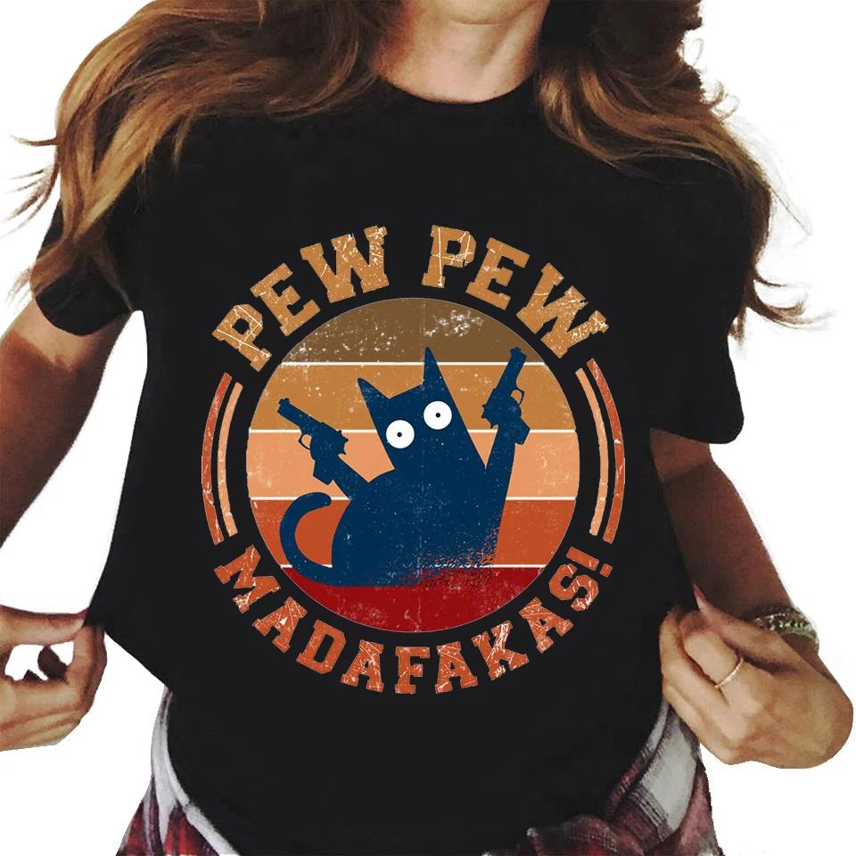 Футболка унисекс с графическим принтом Pew Madafakas с симпатичными черными кошками, модная повседневная футболка унисекс с круглым вырезом и коротким рукавом большого размера