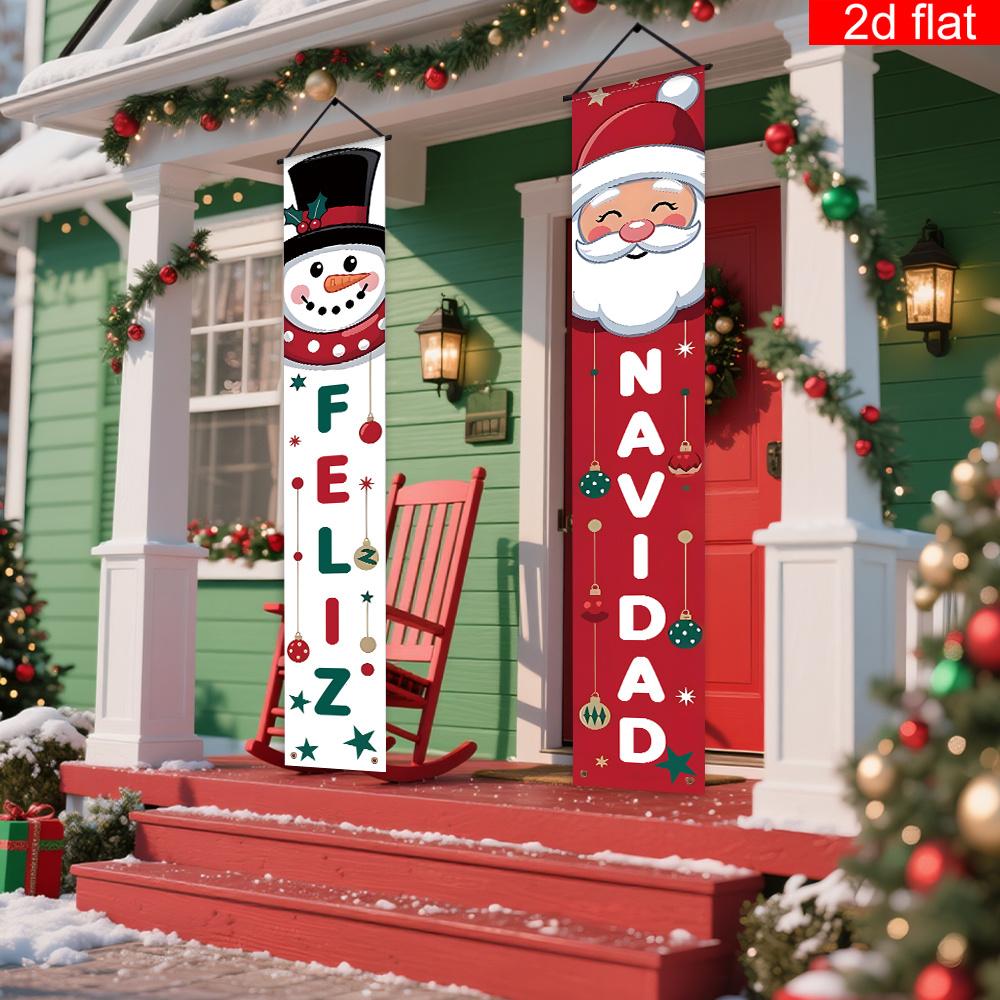 1 пара рождественского подвесного баннера, Декор дверного проема 'Feliz Navidad' с милым Санта-Клаусом и снеговиком, Элегантный декор для улицы и помещений