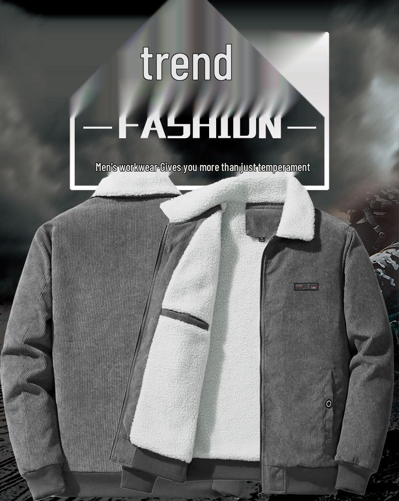 Мужская зимняя вельветовая куртка с бархатом, овчиной и воротником-стойкой - трендовая и теплая модная одежда для повседневной носки