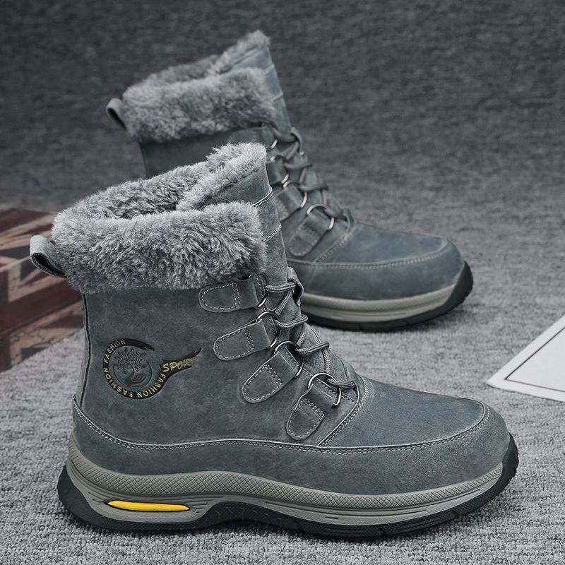Real Leather Men's Snow Boots with Fleece for Winter Insulation and Warmth, Thick Soled Outdoor Men's Shoes, High Top Boots, Cotton Shoes
