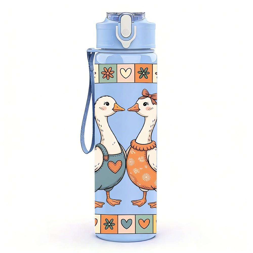 1PC Framed Two Cute Goose Animal Pattern 750ml Color Plastic Sports Water Bottle Leakproof Flip Straw Lid Suitable for Sports Office Home Use