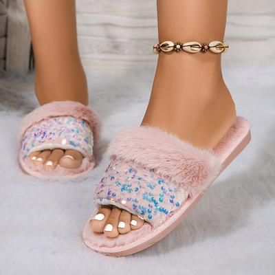 Модные женские нескользящие тапочки осень-зима, хлопковые тапочки с открытым носком, 2024, новые женские тапочки на плоской подошве для дома, плюшевые тапочки больших размеров