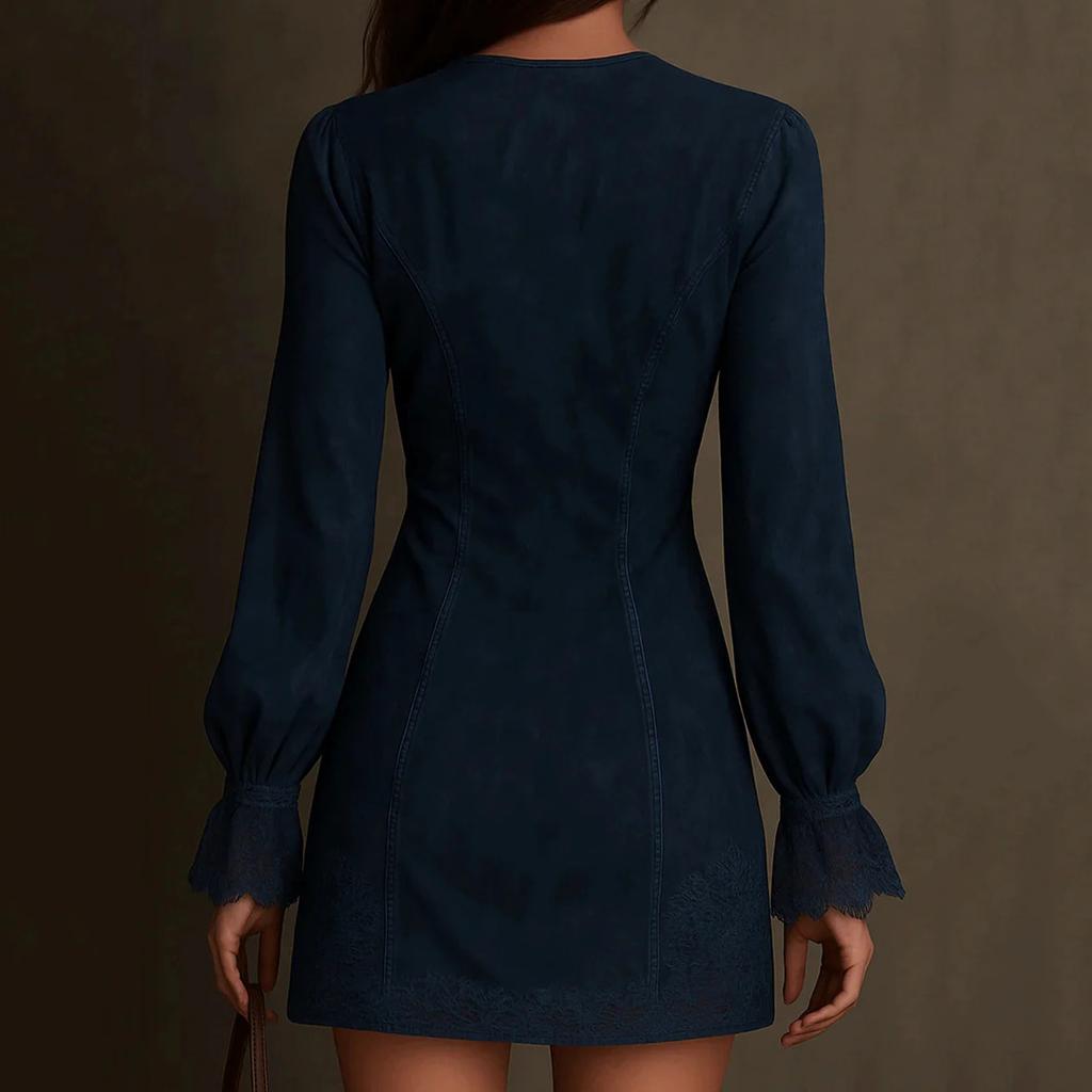 Женское замшевое платье с V-образным вырезом, на молнии, с кружевным длинным рукавом, однотонное, винтажное