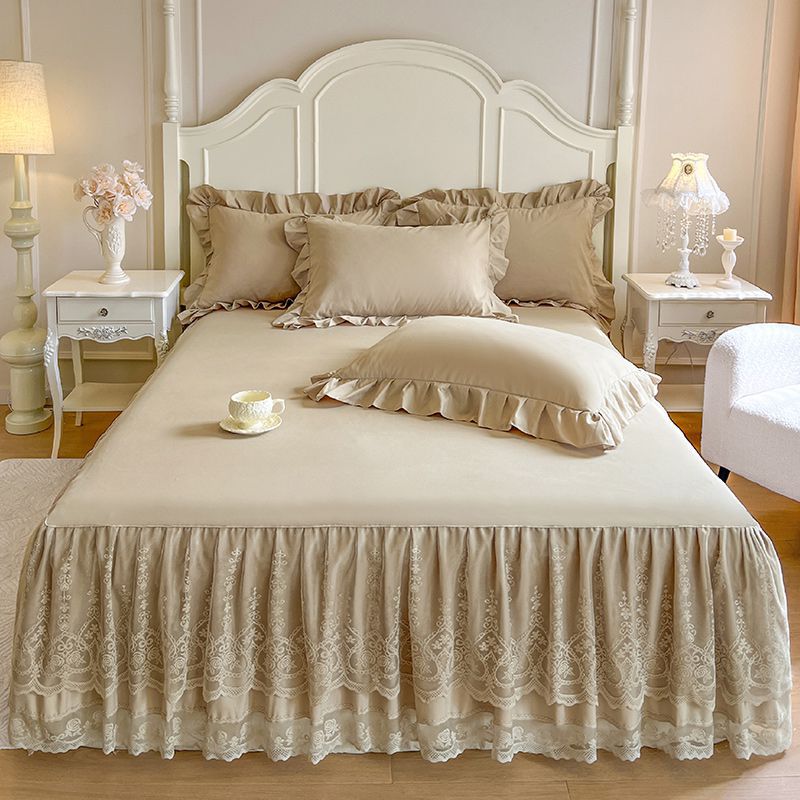 Комплект из 3 предметов однотонной двухслойной кружевной вышитой юбки для кровати с 1 шт. юбки для кровати + 2 шт. наволочек, легко снимаемый чехол-протектор для матраса