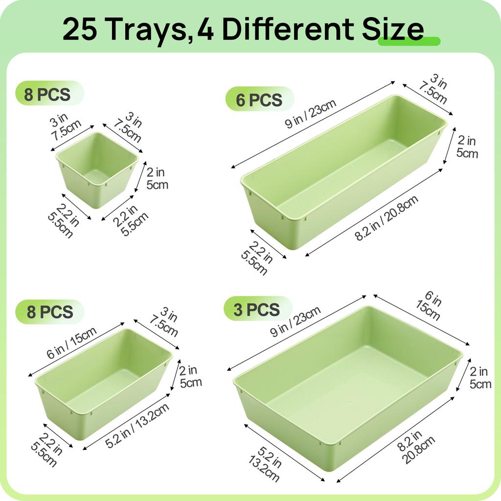 Красочный набор из 25 прозрачных пластиковых органайзеров для ящиков 4 размеров, разделители для ящиков туалетного столика, контейнеры для хранения и разделения макияжа, кухонной утвари