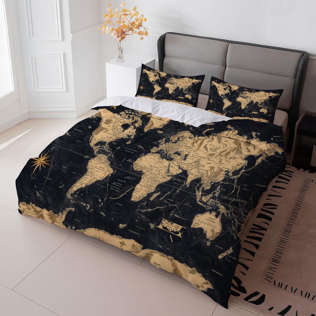 3Pcs Vintage World Map Duvet Cover Set, Black Golden Compass Print Bedding with Pillowcases for Bedroom Decor