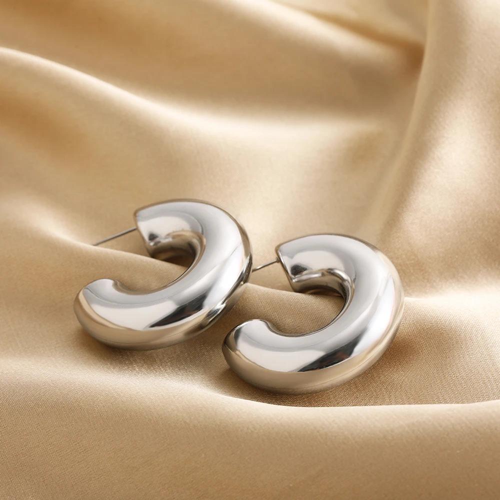 New Retro Stainless Steel Chunky C Shape Hoop Earrings Glossy Gold Plated PVD Circle Round Tube Huggie Hoops Stacked Ear Jewelry