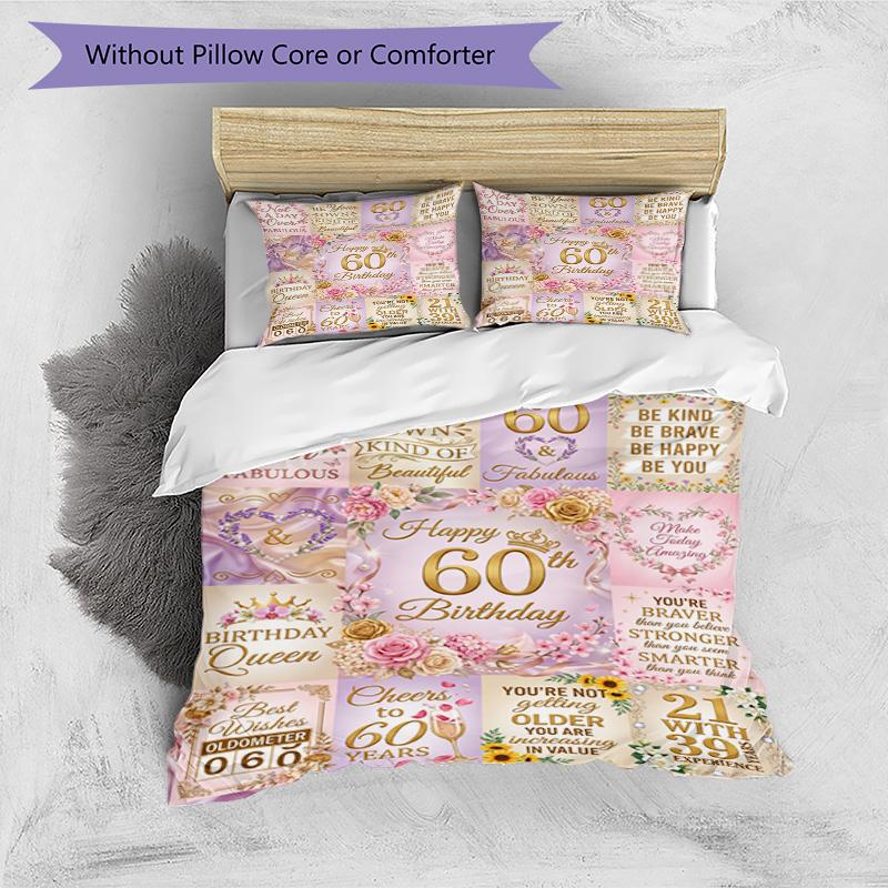 Happy 60th Birthday Celebration 3‑Piece Bedding Set,Soft Breathable Duvet Cover & 23 Pillowcases,Multi‑Purpose for Bedroom Dorm Guest Room,Great Festi