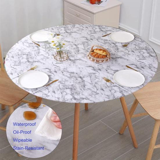 Round Table Cover Waterproof Tablecloth with Elastic Edges Marble Pattern Fitted Table Cover for Home Dinner Party Decoration Table Protection