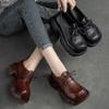 Genuine Leather Pumps Thick Sole Loafers Square Toe Lace Up Versatile Leisure Women's Shoes